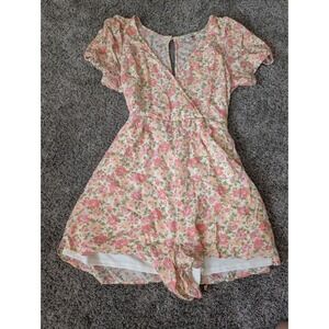 American Eagle Floral Surplice Romper Pink Peach Flutter Sleeve Large